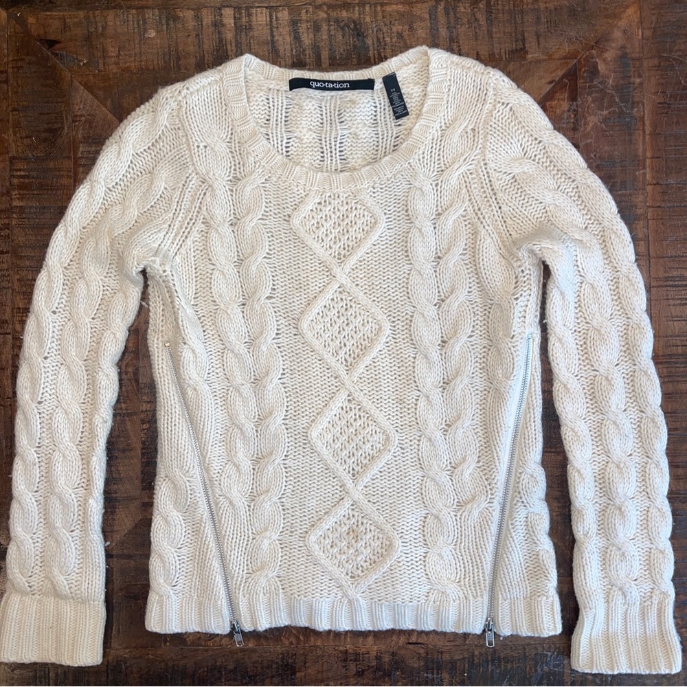 Quotation Sweater Women Sz XS Off White Cable Knit Double Side Zip Pullover